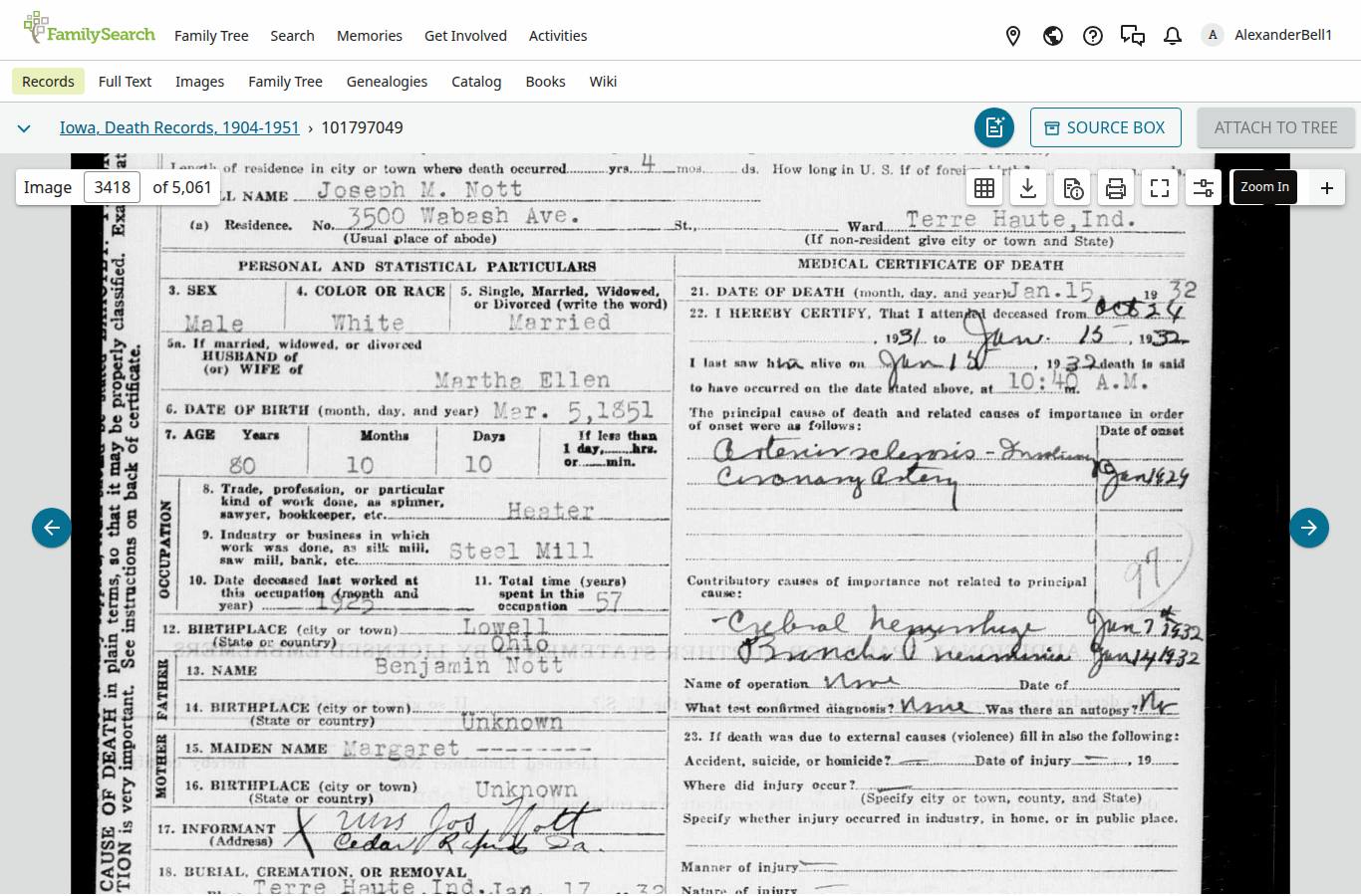 Death certificate detail, Joseph Knott's parents named