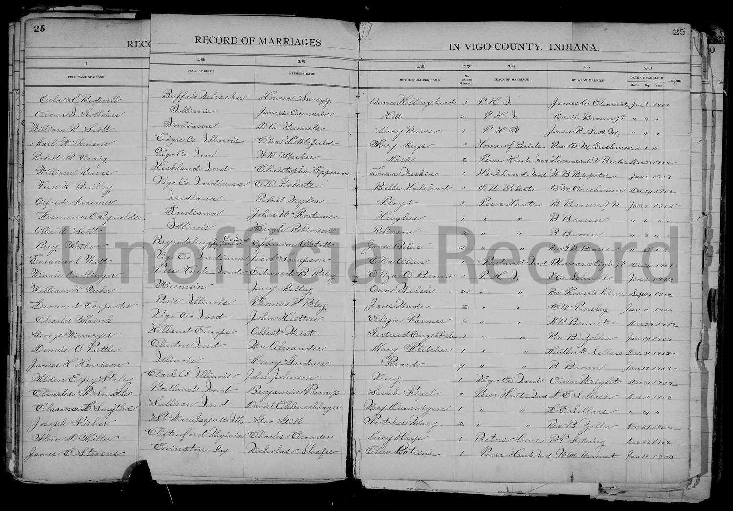 1902 marriage register, Vigo County — Leona Alexander's parents named