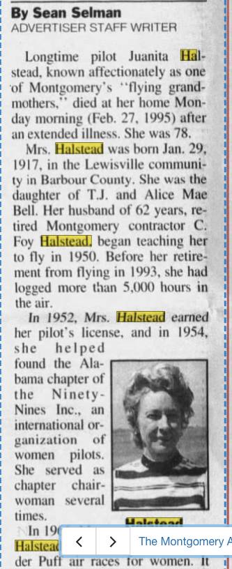 1995 obituary naming Juanita's parents, T.J. and Alice Mae Bell