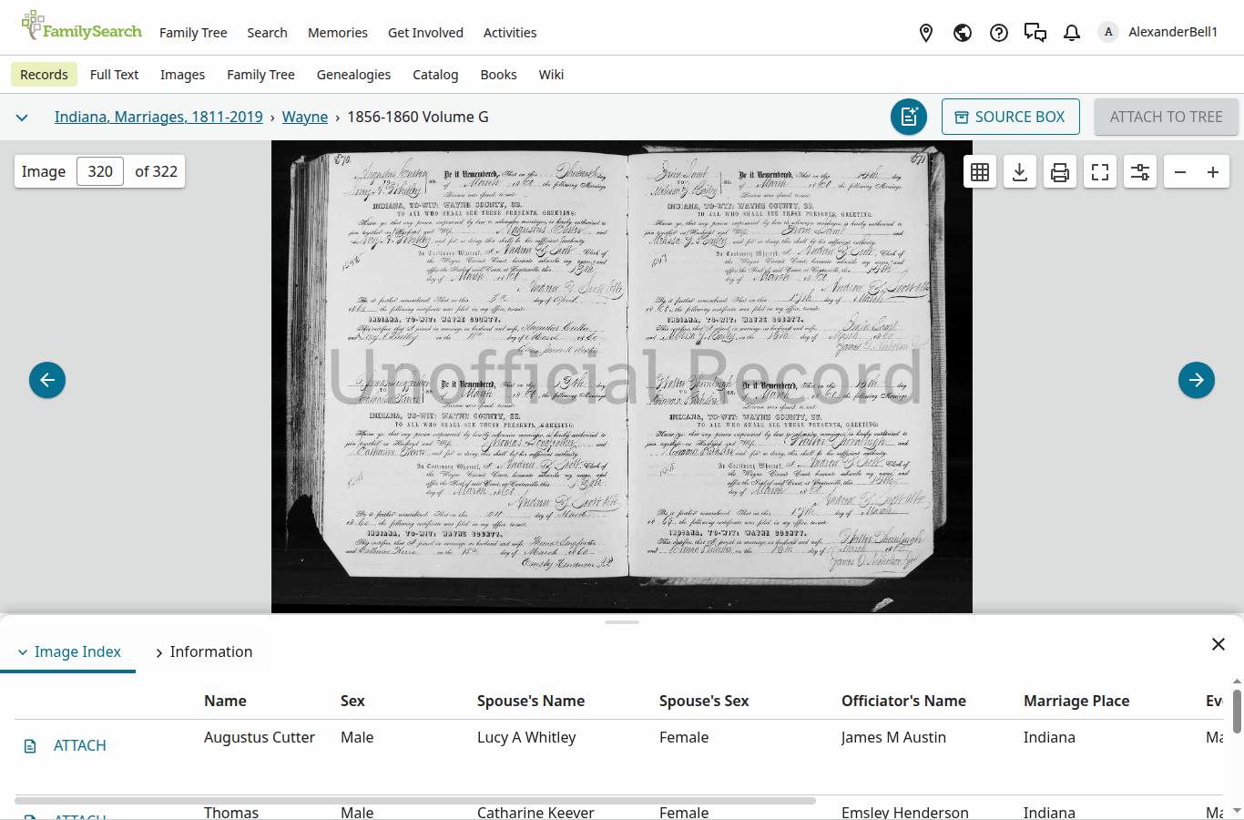 1860 marriage register, Erwin Lamb and Melissa Bailey
