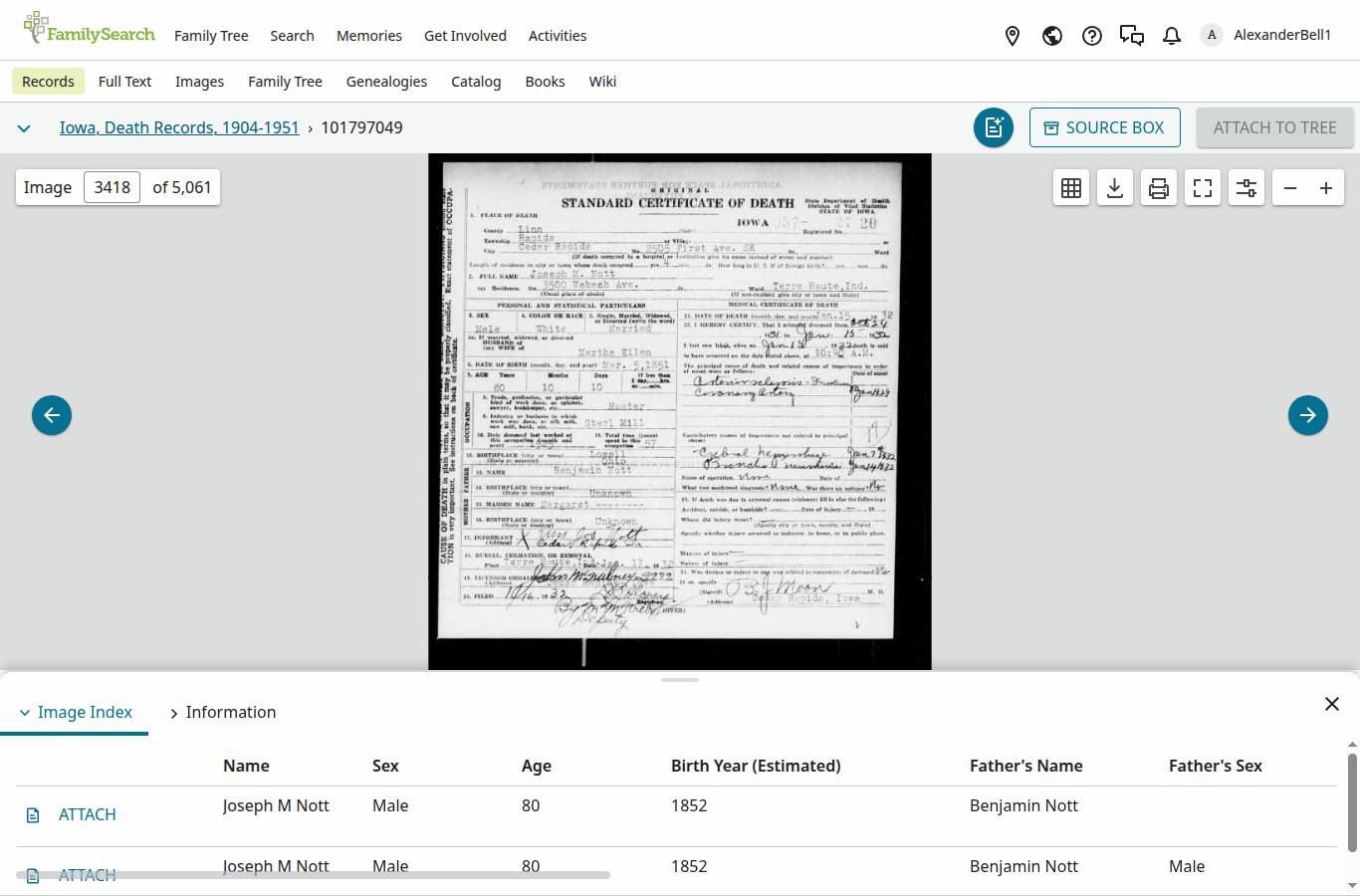 1932 Iowa death certificate for Joseph McGee Knott