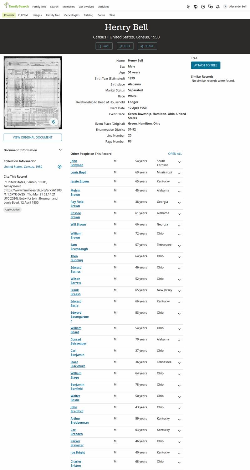 1950 census — Henry Bell, 51, at the Cincinnati poorhouse