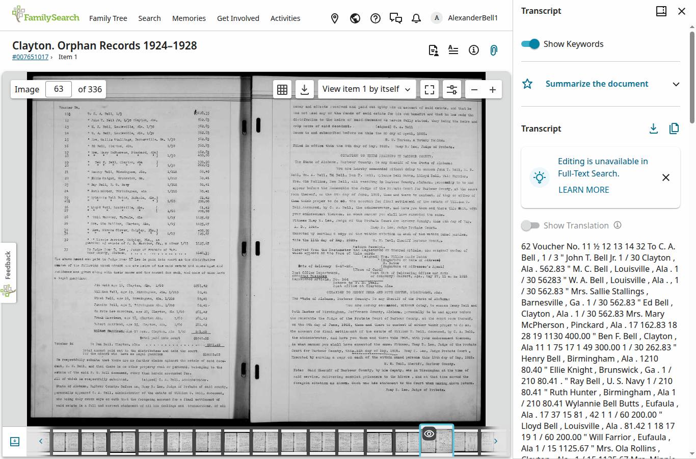 1925 estate settlement naming Thomas Jefferson Bell's children