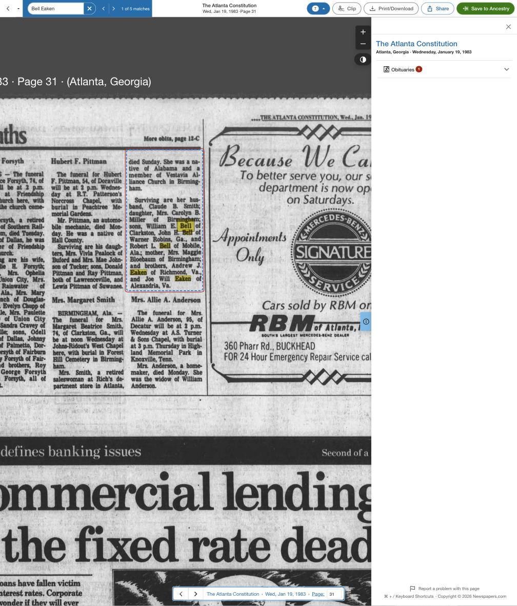 Her obituary, Atlanta Constitution, 19 January 1983