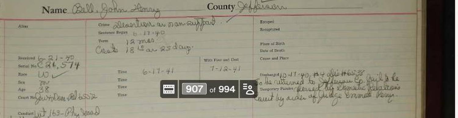 1940 Jefferson County convict ledger entry, John Henry Bell