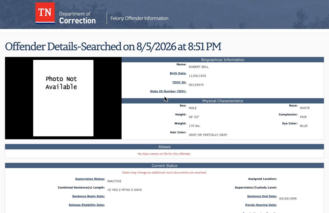 Tennessee prison record for Robert Lee Bell Sr.