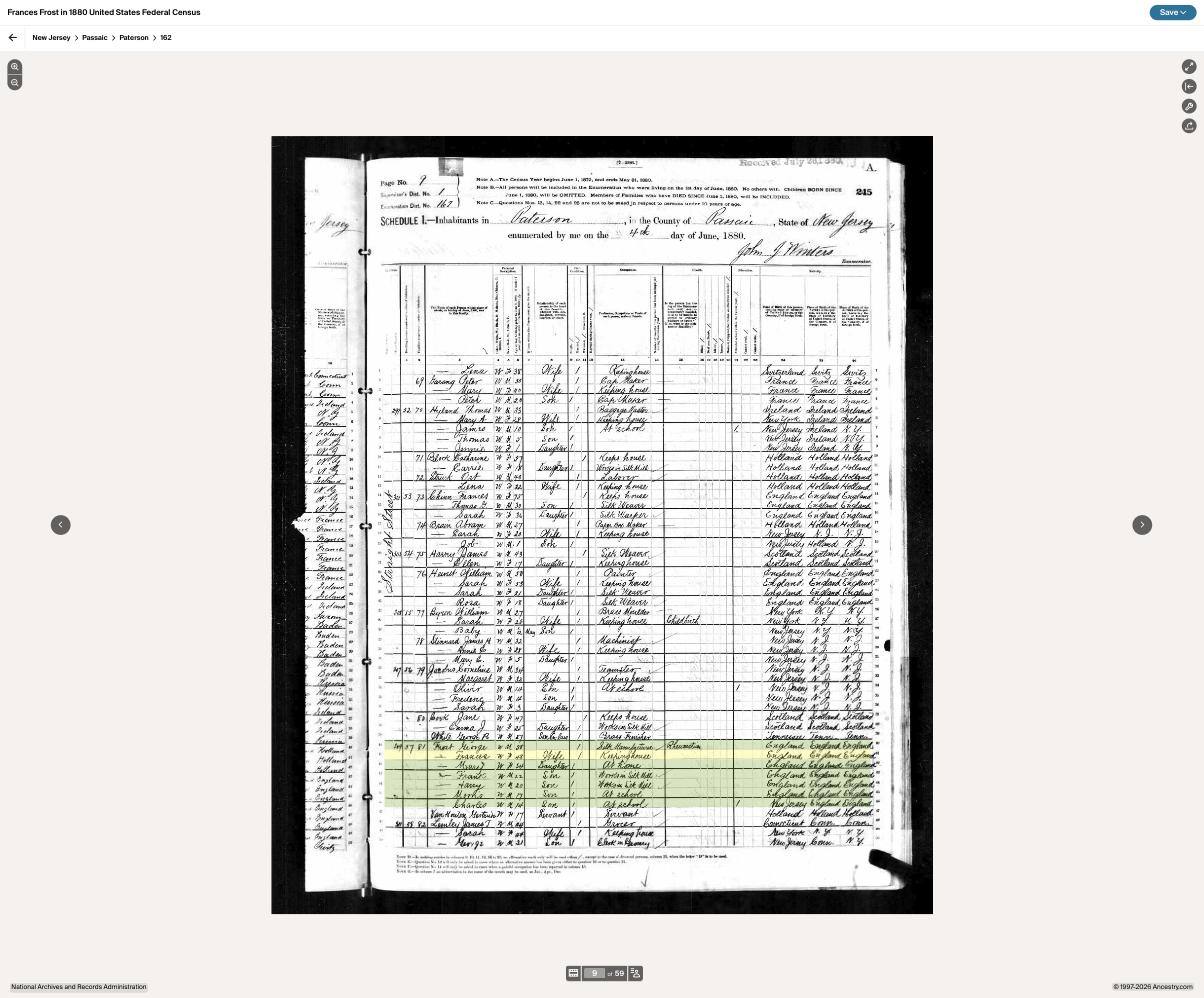 1880 census, Paterson NJ — the George Frost household