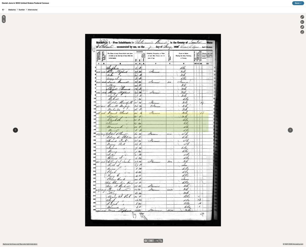1850 census, Sumter Co. AL — Henry Stephens and Daniel Jones households