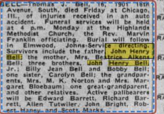 1944 Birmingham News death notice naming the family and both grandmothers