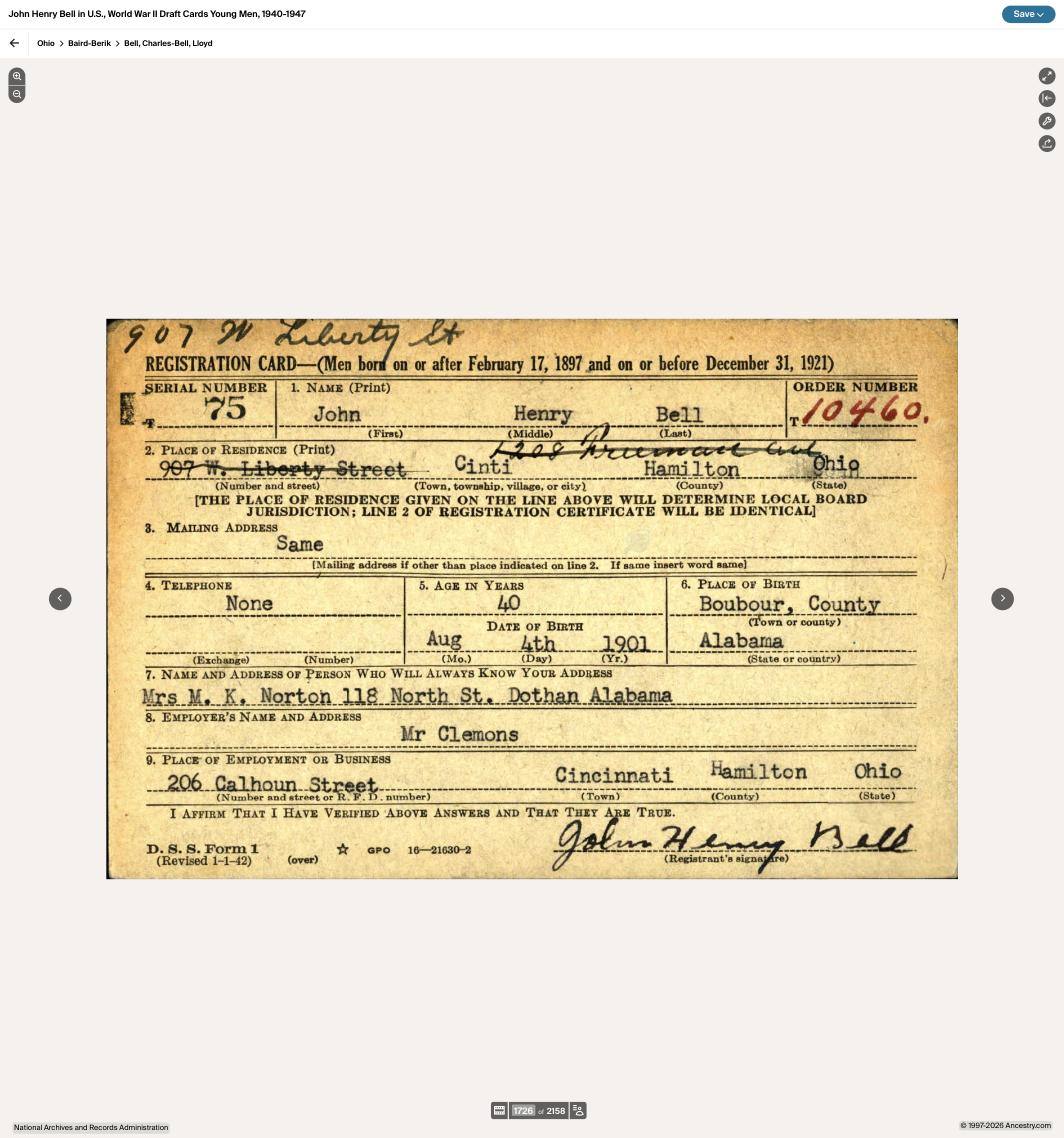 WWII draft card, 1942 — John Henry Bell, born Barbour Co.