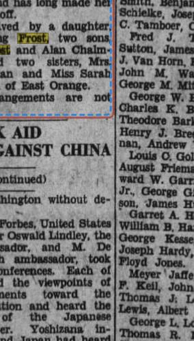 1932 obituary, Katharine Chalmers Frost, Paterson NJ