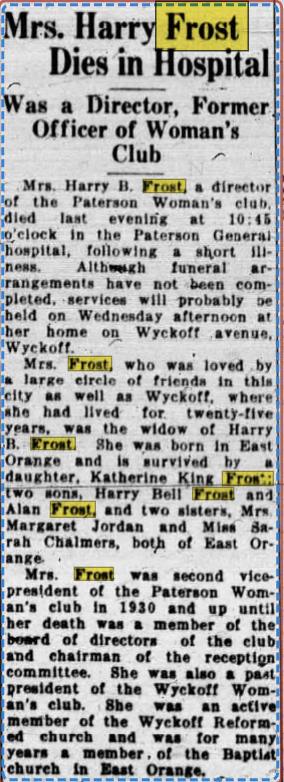 1932 obituary — Katharine Chalmers Frost dies in Paterson