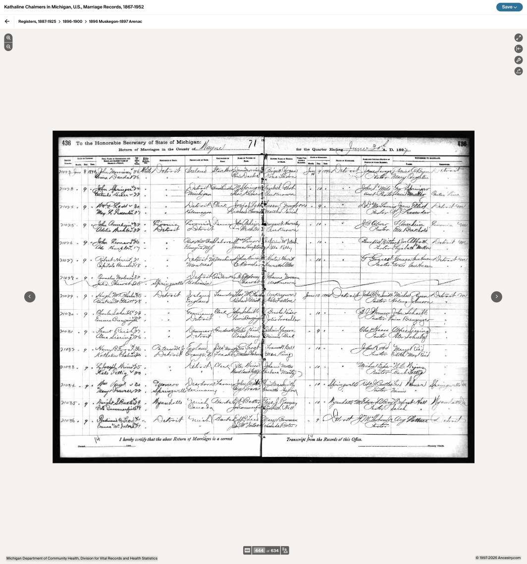 1896 Michigan marriage register — Harry Frost and Katharine Chalmers