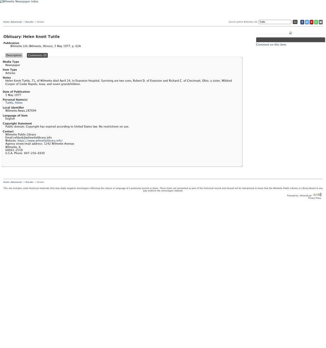 1977 obituary index — Helen Knott Tuttle, Wilmette Illinois