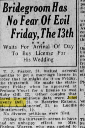 1927 Birmingham newspaper — John Henry Bell's marriage license