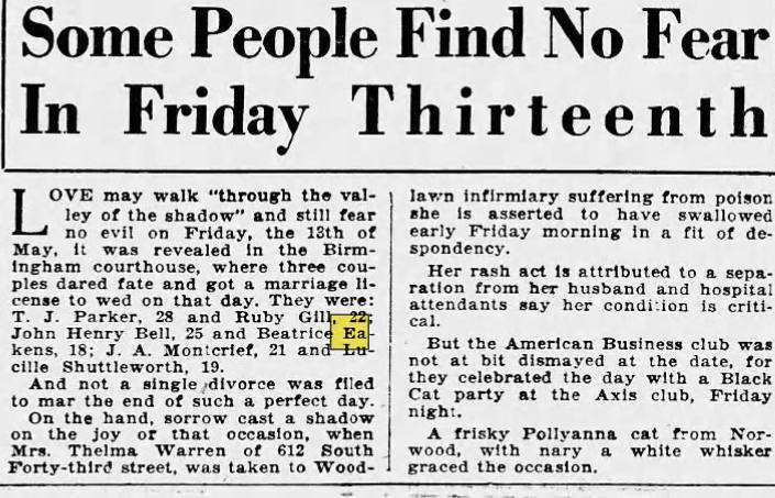 1927 Birmingham newspaper — John Henry Bell weds on Friday the 13th