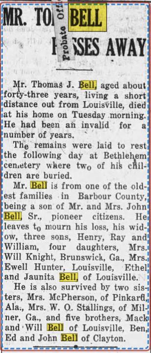 1921 obituary, Clayton Record — Mr. Tom Bell passes away