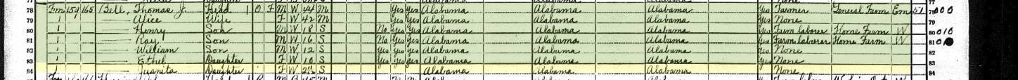 1920 census close-up — Thomas J. and Alice Bell's children, including Henry