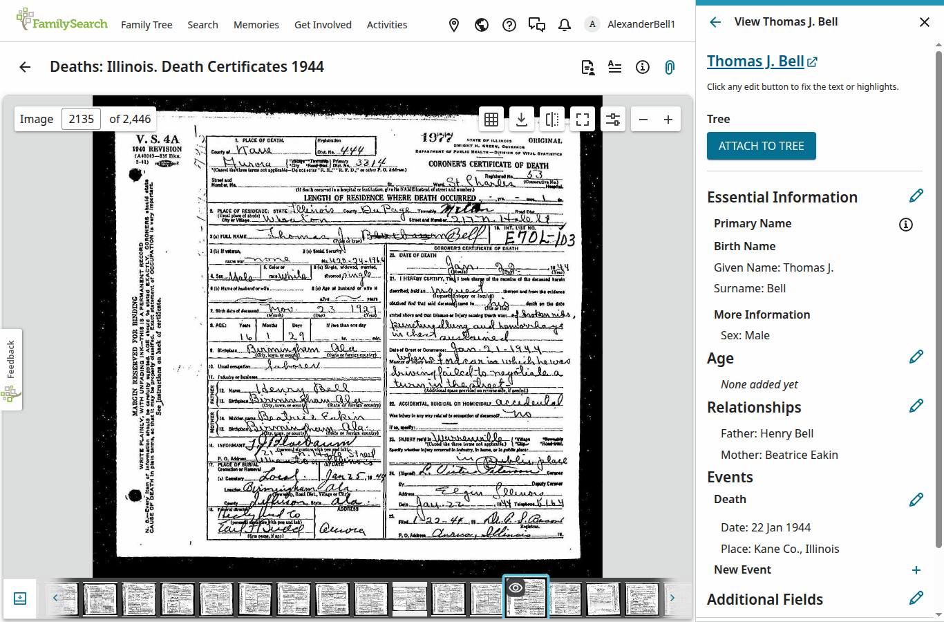 1944 Illinois death certificate of Thomas J. Bell, aged 16
