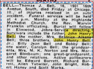 1944 death notice naming John Henry Bell, Beatrice, and both grandmothers