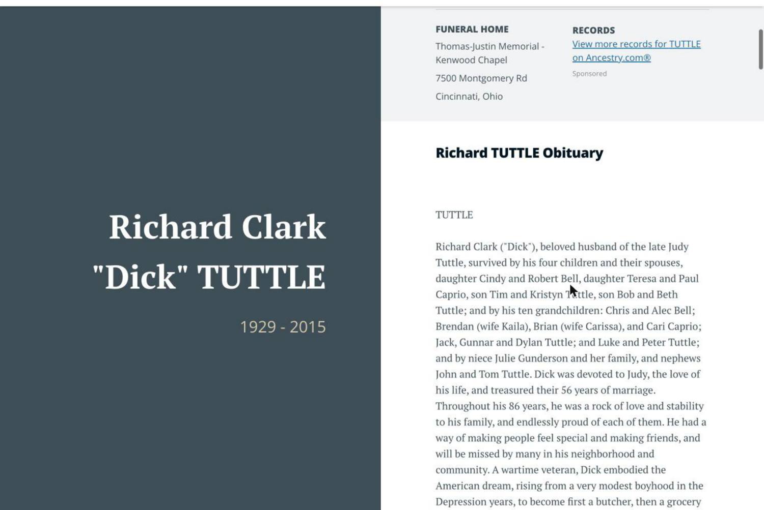 Second page of Richard Clark Tuttle's obituary