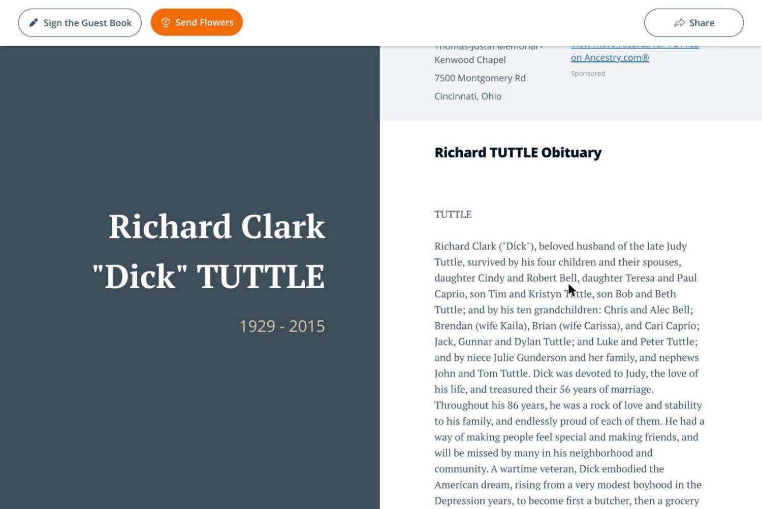 Third page of Richard Clark Tuttle's obituary