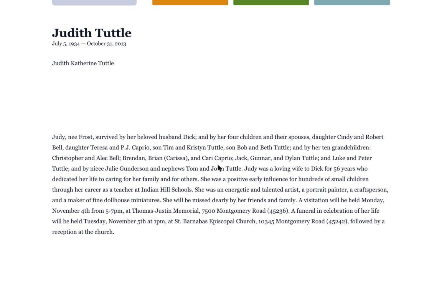 Second page of Judith Frost Tuttle's obituary