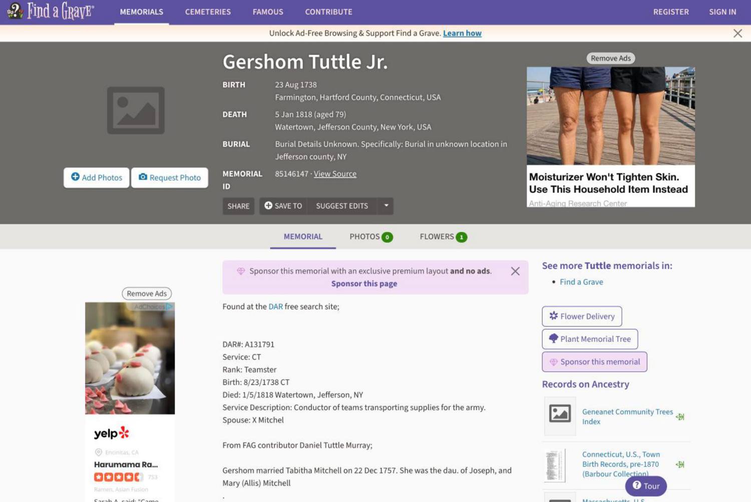 Find a Grave memorial for the Patriot Gershom Tuttle
