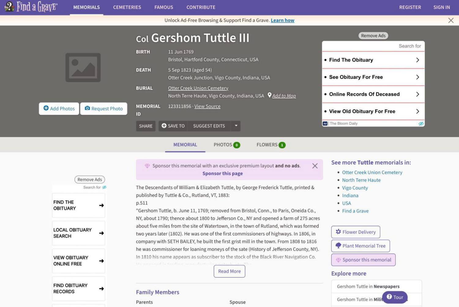 Find a Grave memorial for Colonel Gershom Tuttle