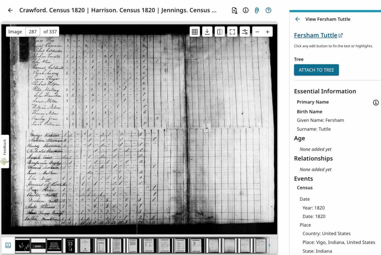 Second page of the 1820 Vigo County census