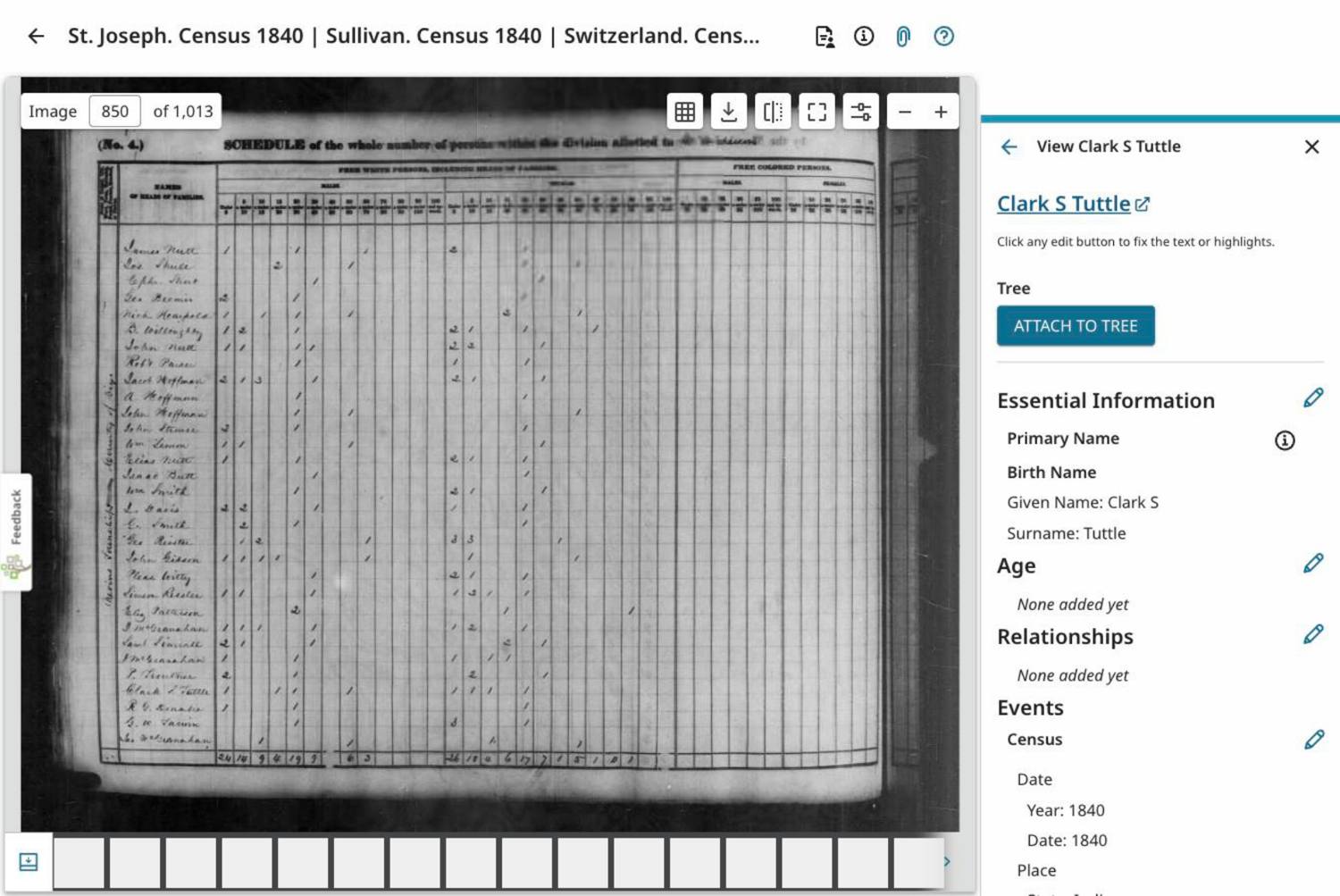 Second page of the 1840 census tally sheet
