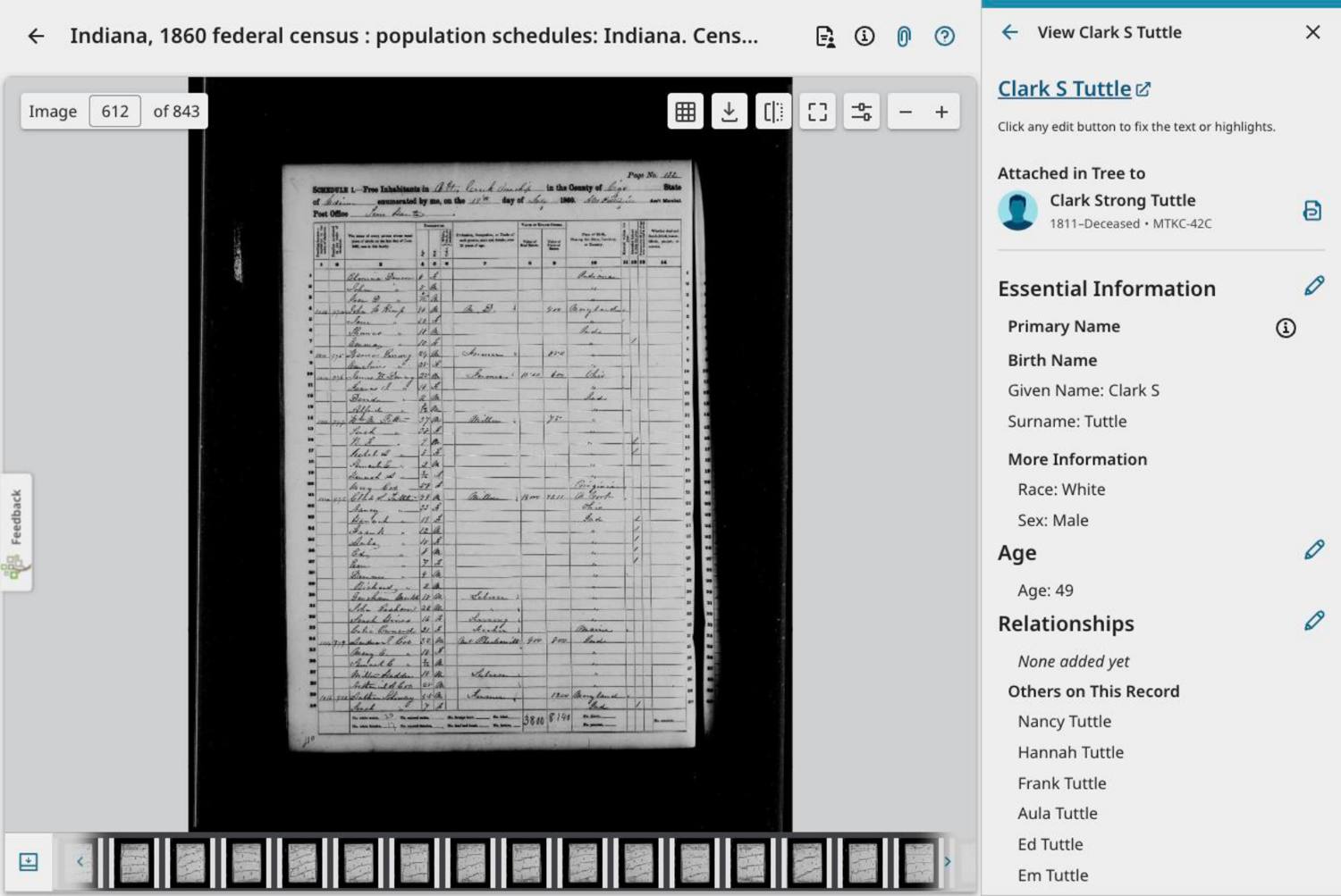 Second page of the 1860 census, the Tuttle children