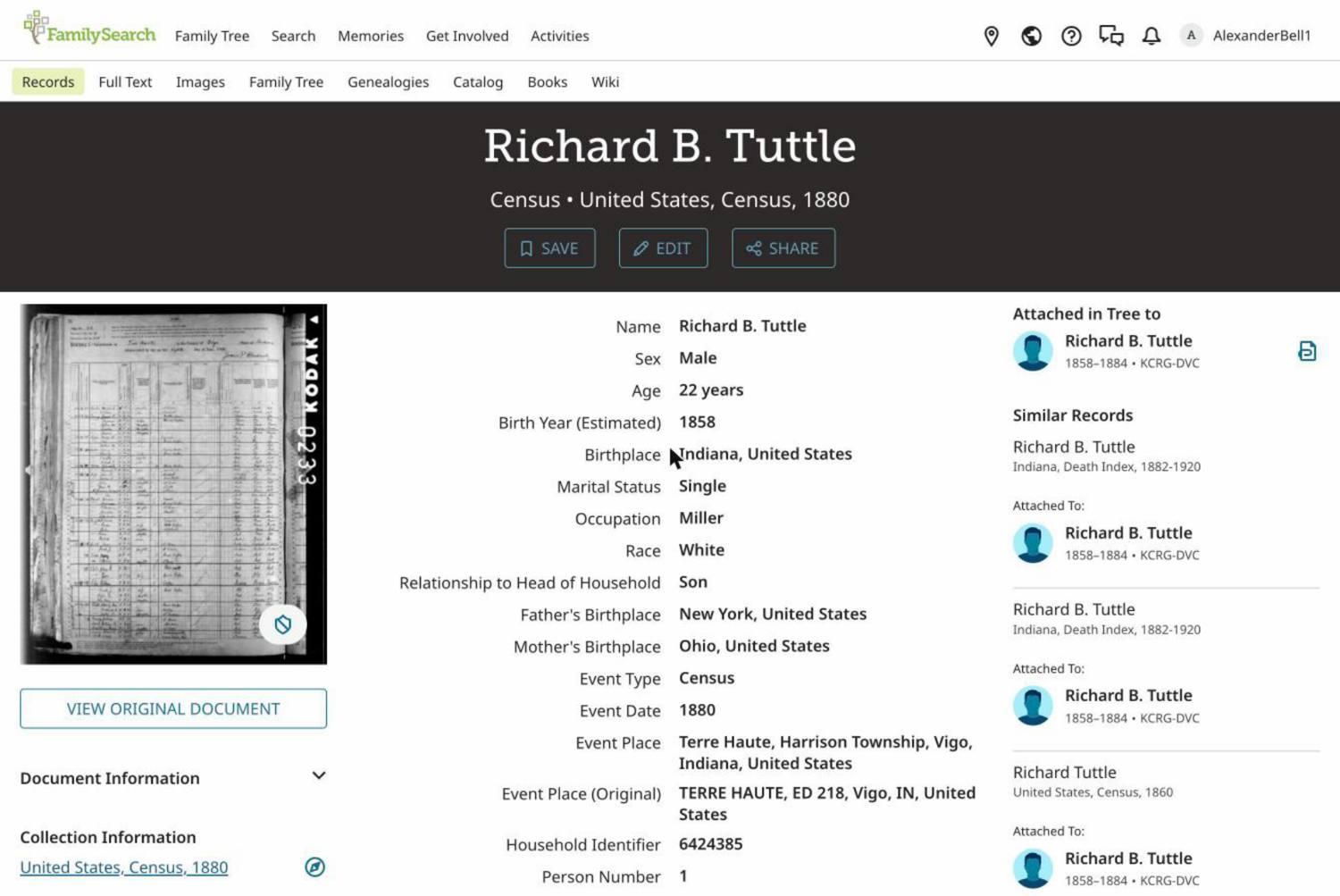1880 census, Richard Tuttle as a young miller