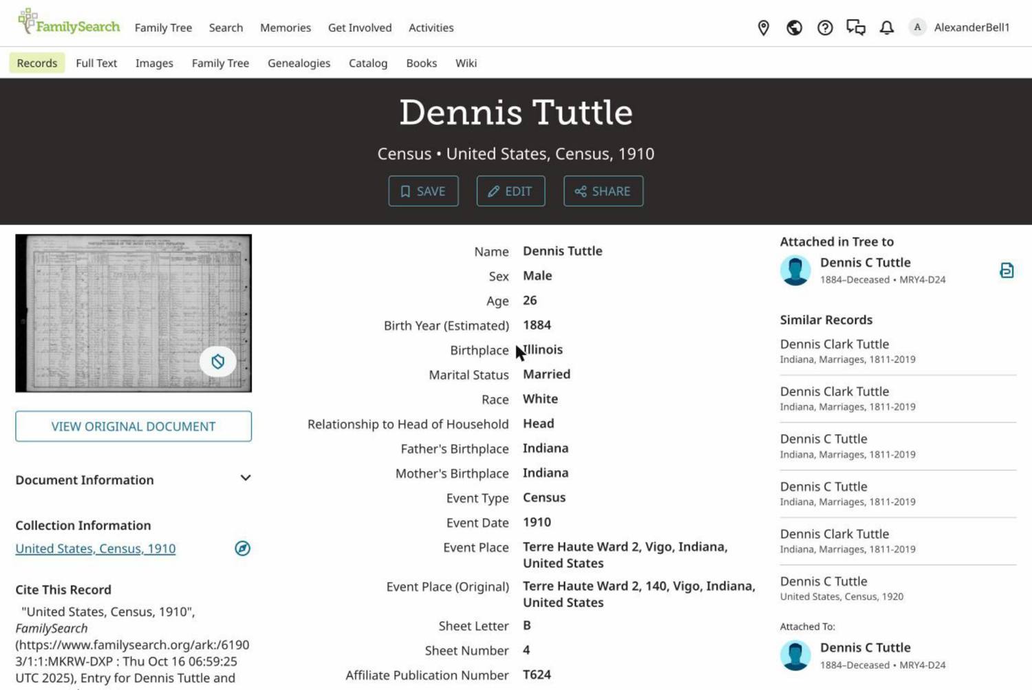 1910 census, Dennis Tuttle's young family