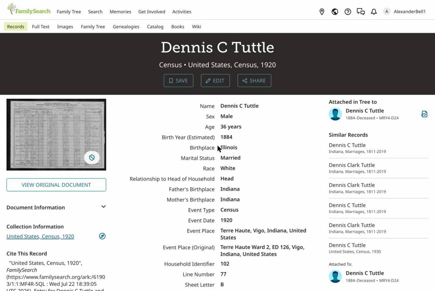 1920 census, Gifford Tuttle as a teenager