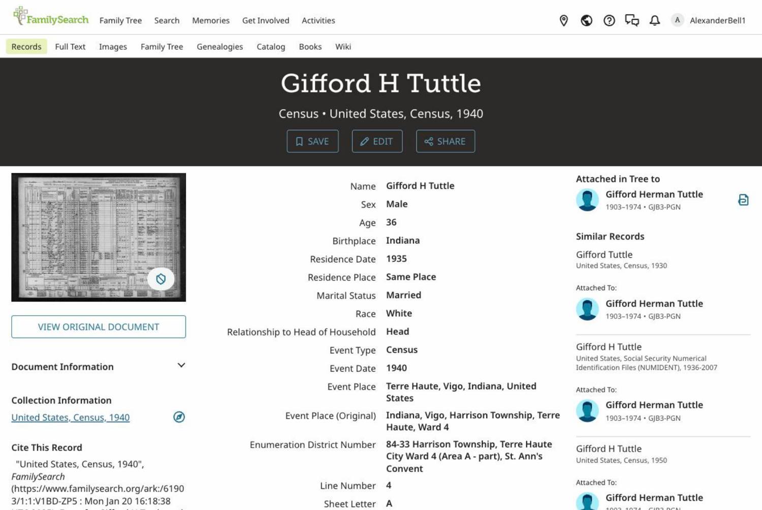 1940 census, Richard Clark Tuttle at age ten
