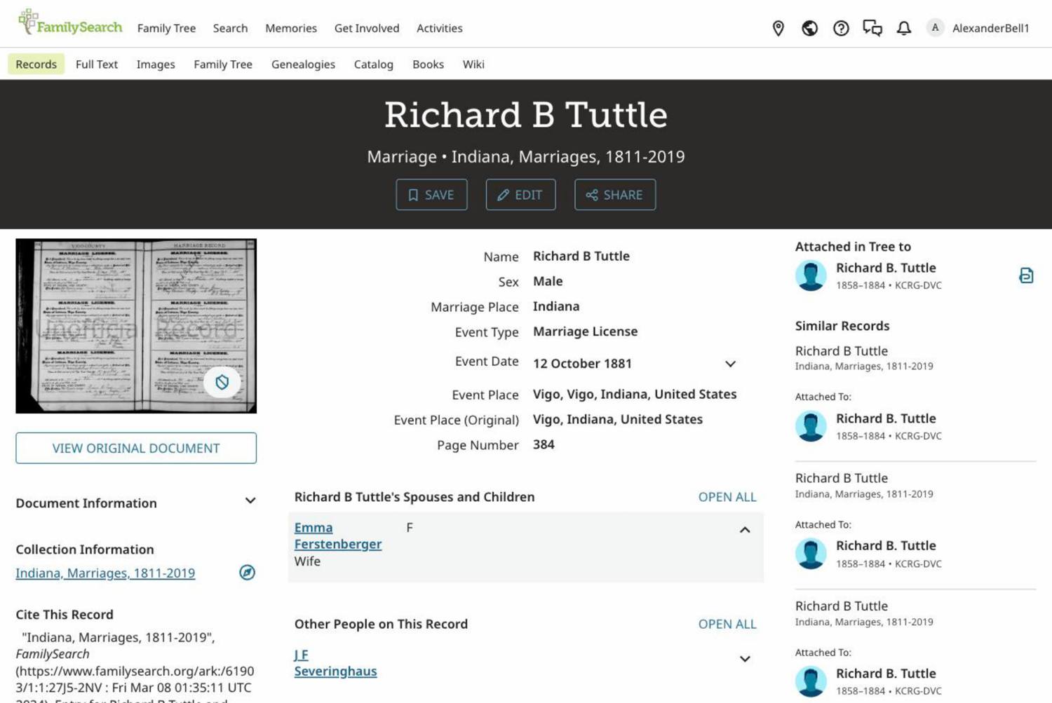 Marriage record of Richard Tuttle and Emma Fuerstenberger