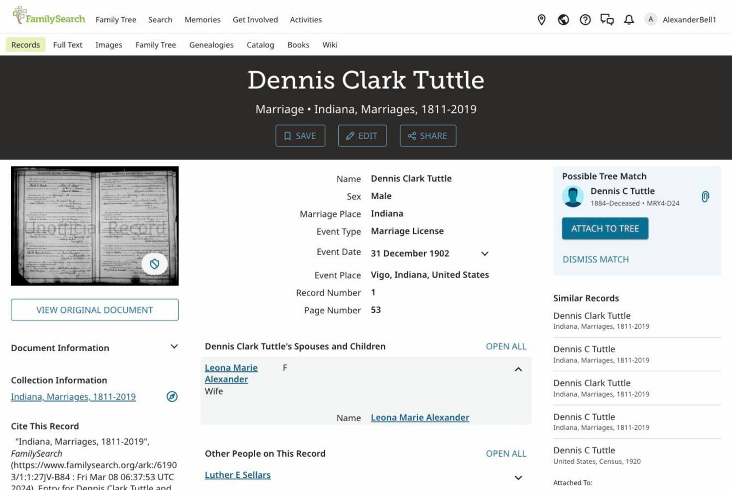 Marriage record of Dennis and Leona Tuttle