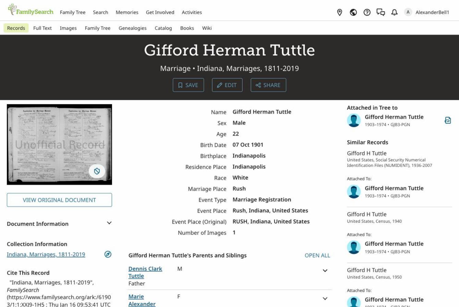 Gifford and Helen's 1923 marriage application