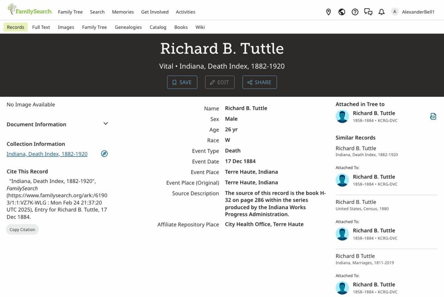 Richard Tuttle's 1884 death record