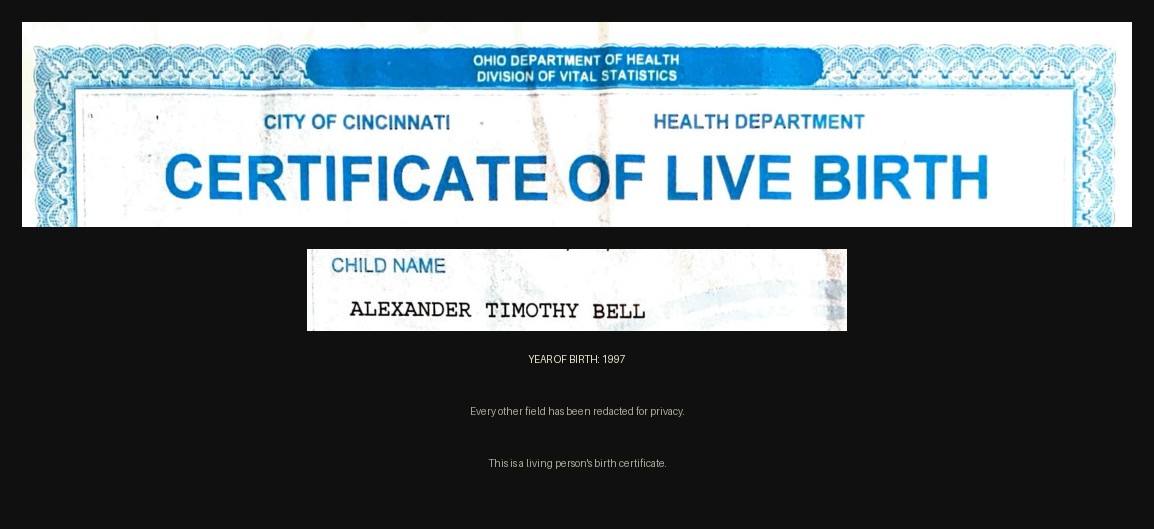Birth certificate of Alexander Timothy Bell, 1997 (redacted)