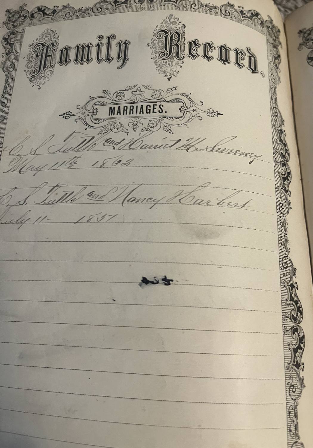Family Bible page recording marriages