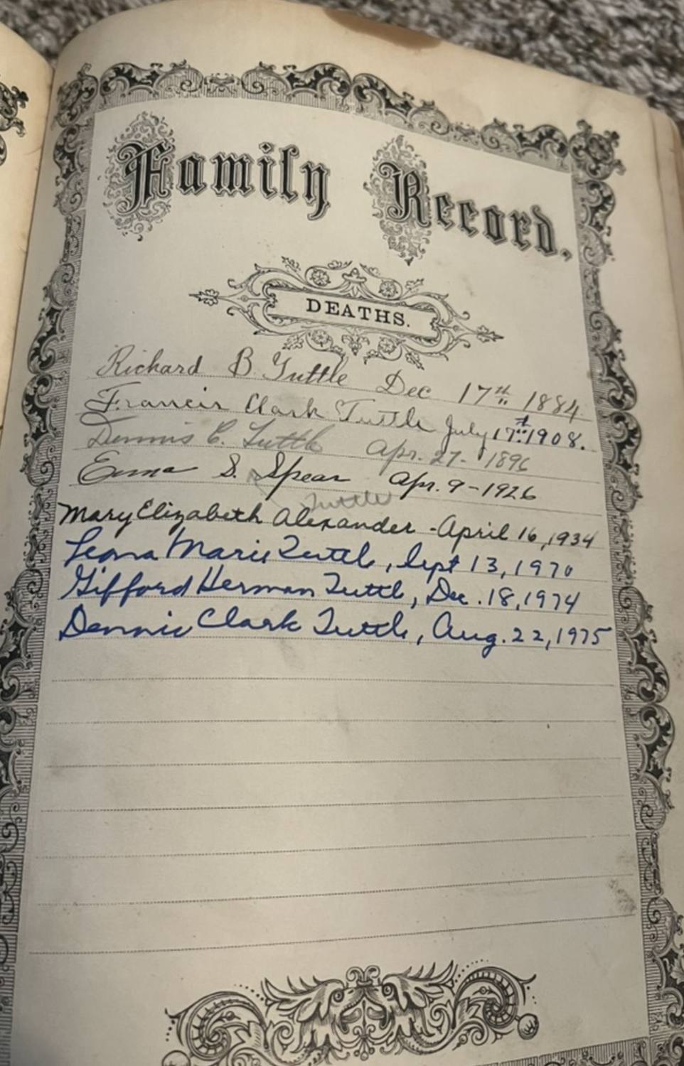 Family Bible page recording deaths