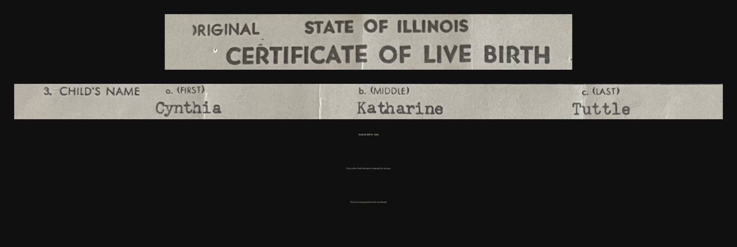 Birth certificate of Cynthia Katharine Tuttle, 1959 (redacted)