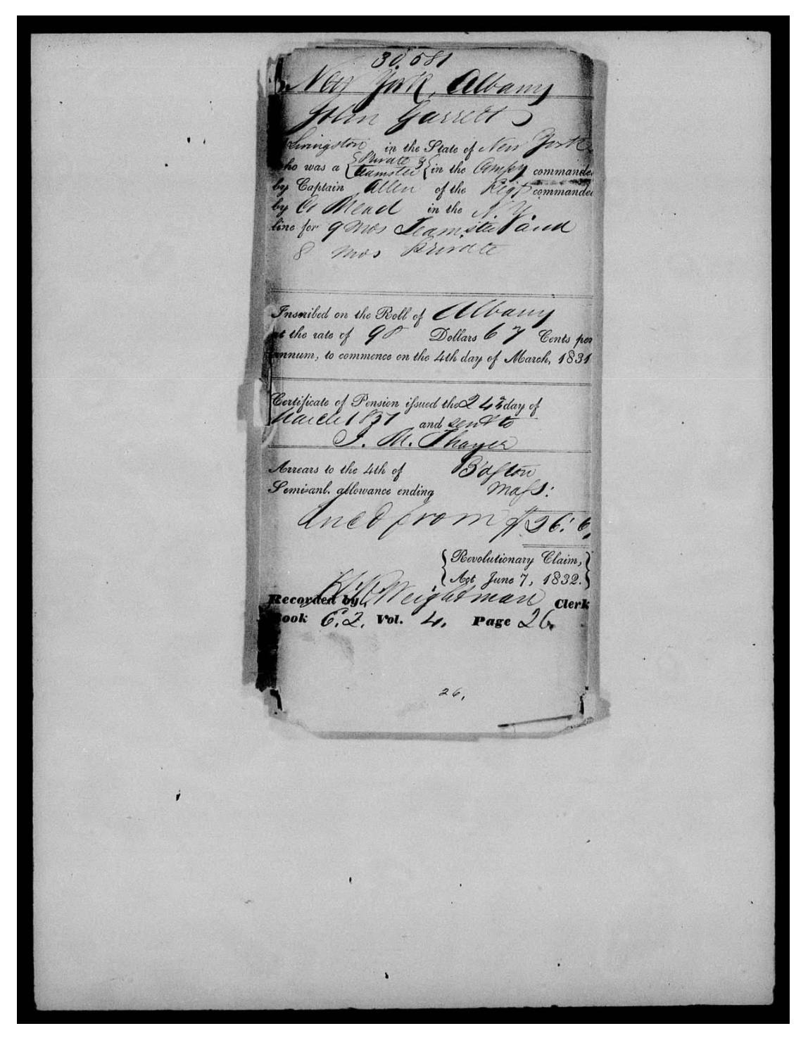 evidence derived sar 39 pension s22786 john garrett 1832 names capt gershom tuttle teams p2