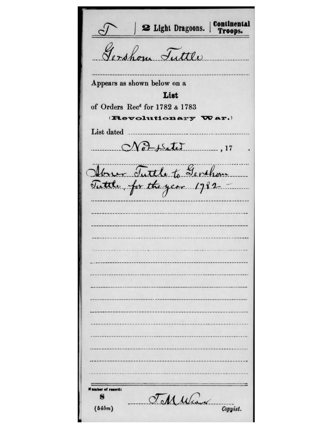 evidence derived sar 46 servicerecord m881 gershom tuttle 2ndlightdragoons payment orders 1782 p2