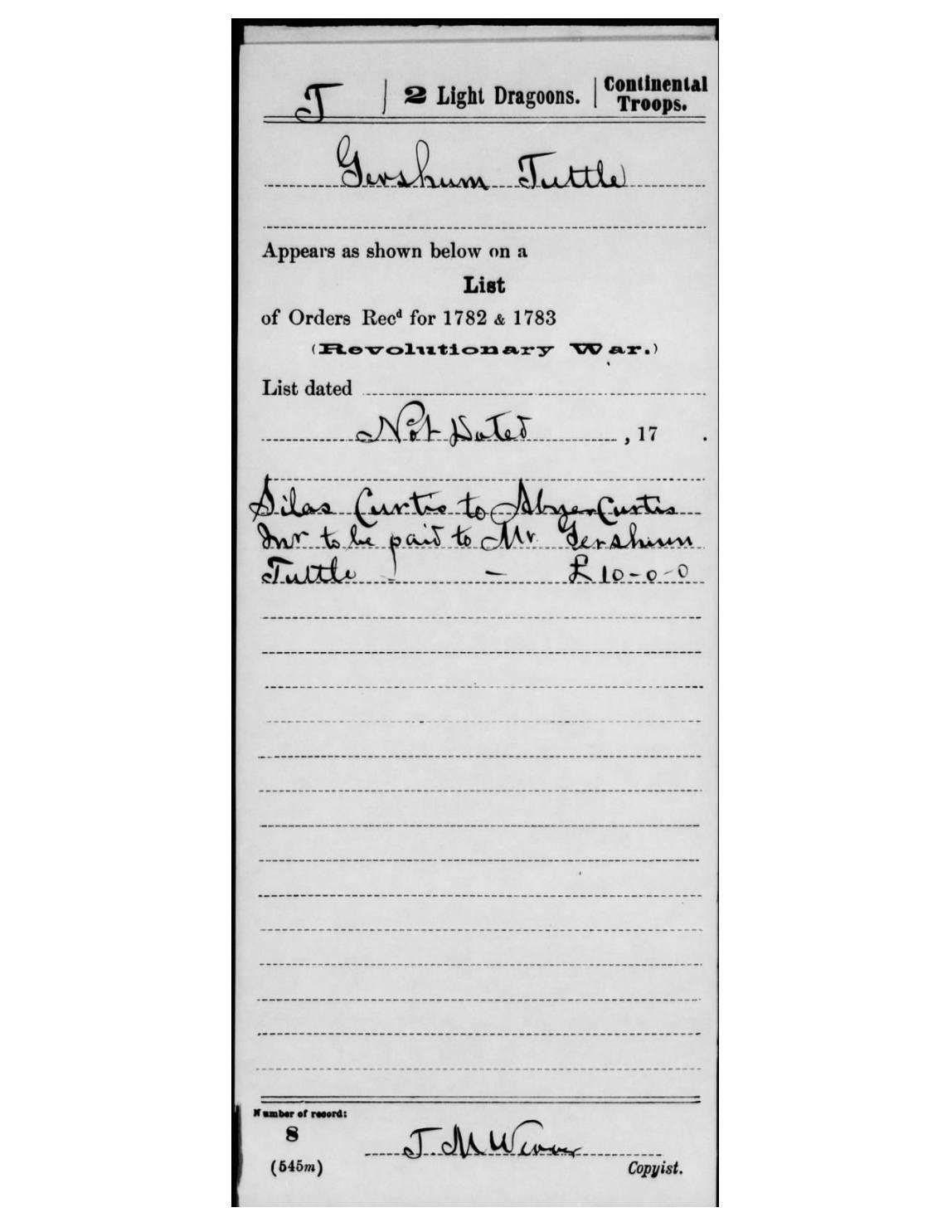 evidence derived sar 46 servicerecord m881 gershom tuttle 2ndlightdragoons payment orders 1782 p3