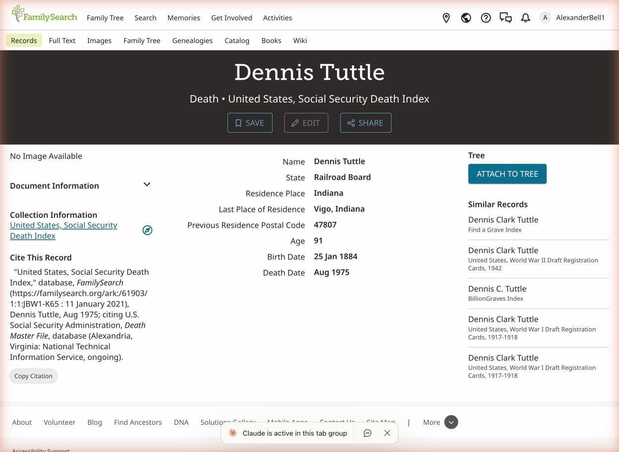 Social Security record for Dennis Tuttle