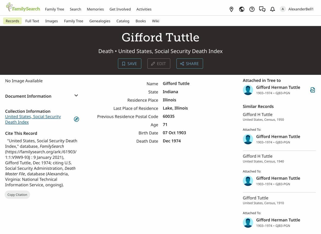 Social Security record for Gifford Tuttle