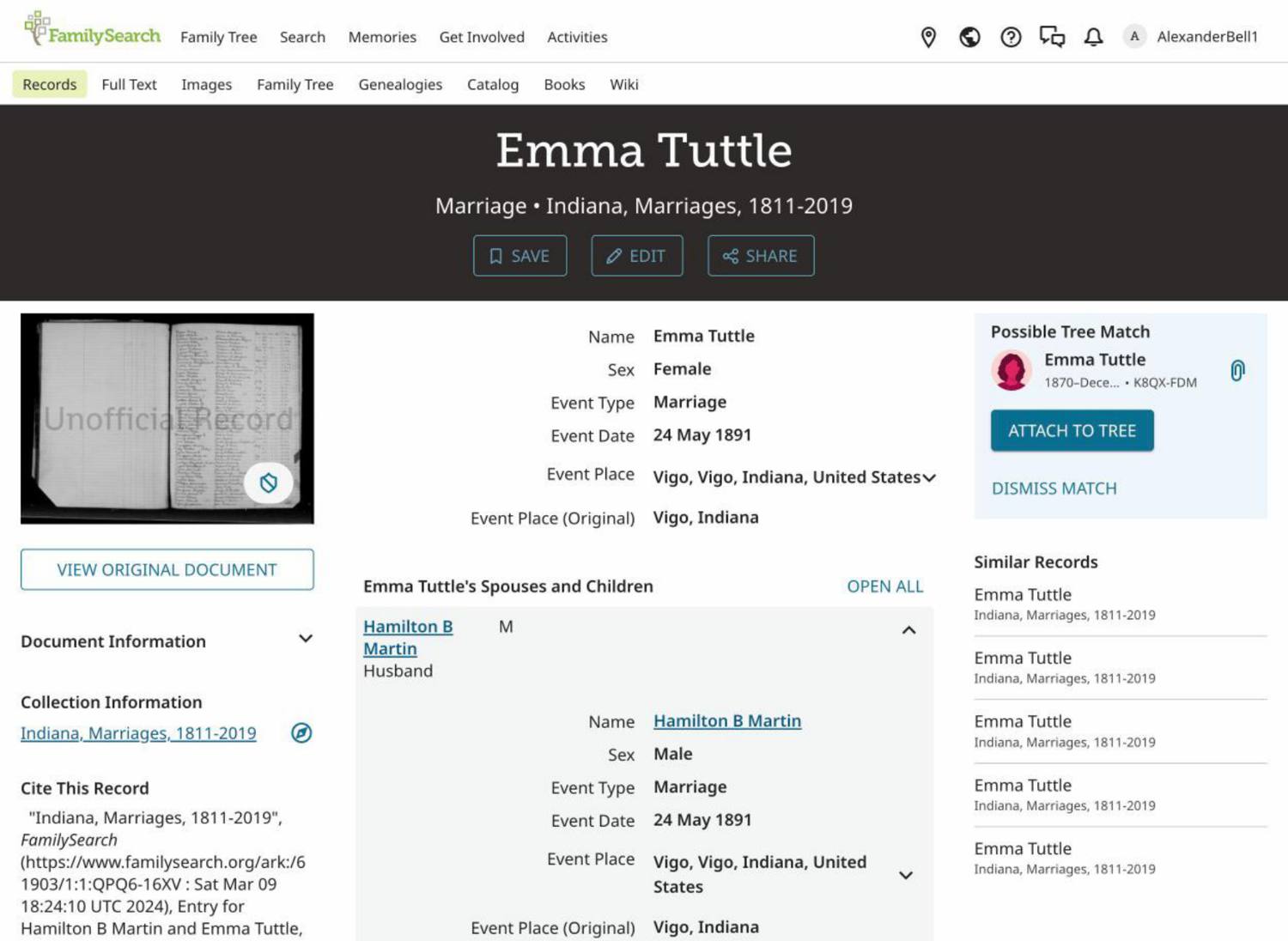 Emma Tuttle's 1891 remarriage record